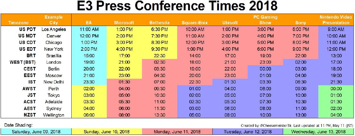 E3 2018 Press Conference Times